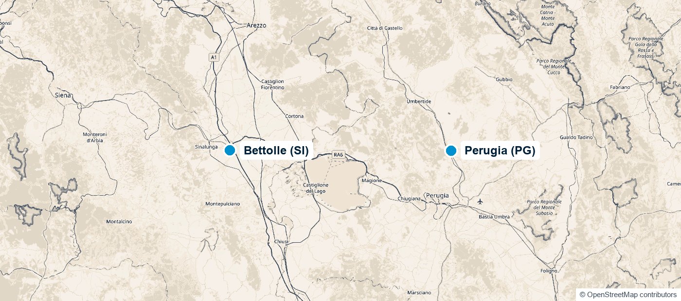Mappa delle sedi AQVAM: Bettolle (SI) e Perugia (PG)
