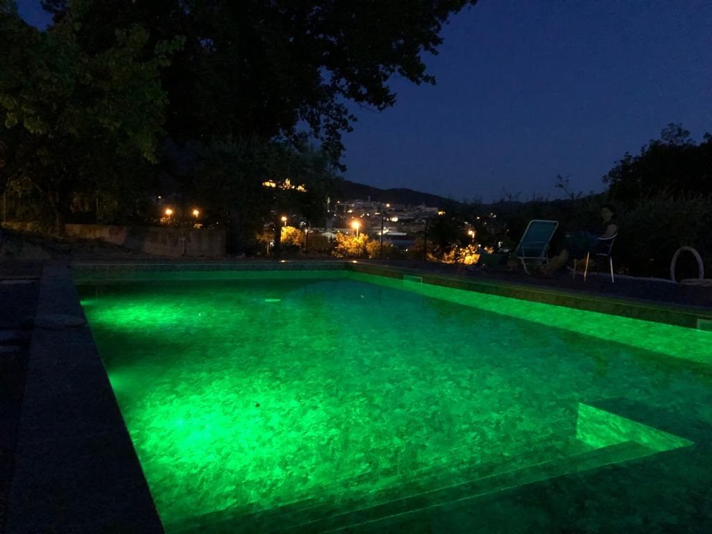 Piscina di sera illuminata di verde dai fari subacquei