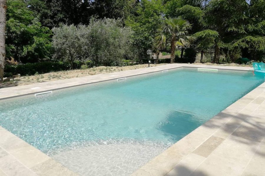 Piscina con bordo in pietra chiara tra palme e ulivi a Lucignano
