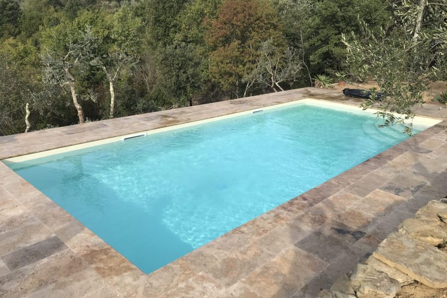 Piscina tra ulivi e bosco con pavimentazione in pietra a Sinalunga
