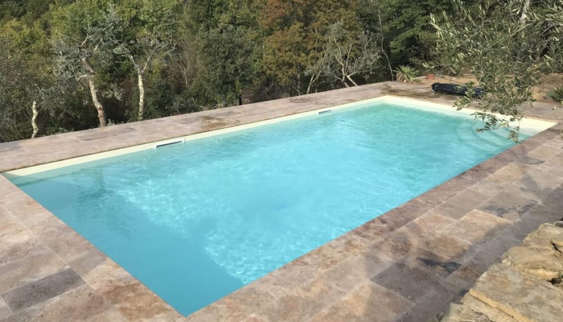 Piscina tra ulivi e bosco con pavimentazione in pietra a Sinalunga