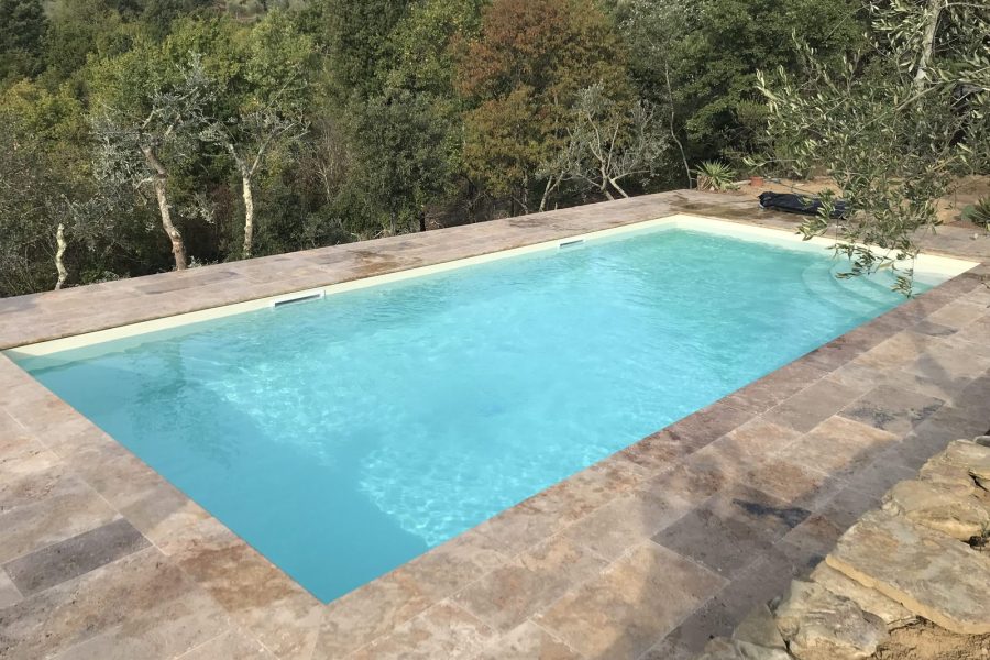 Piscina tra ulivi e bosco con pavimentazione in pietra a Sinalunga
