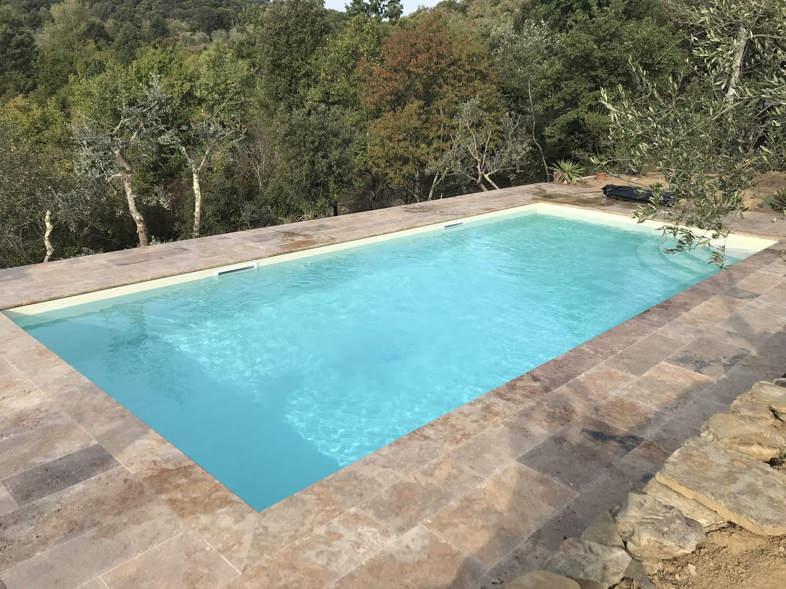 Piscina tra ulivi e bosco con pavimentazione in pietra a Sinalunga